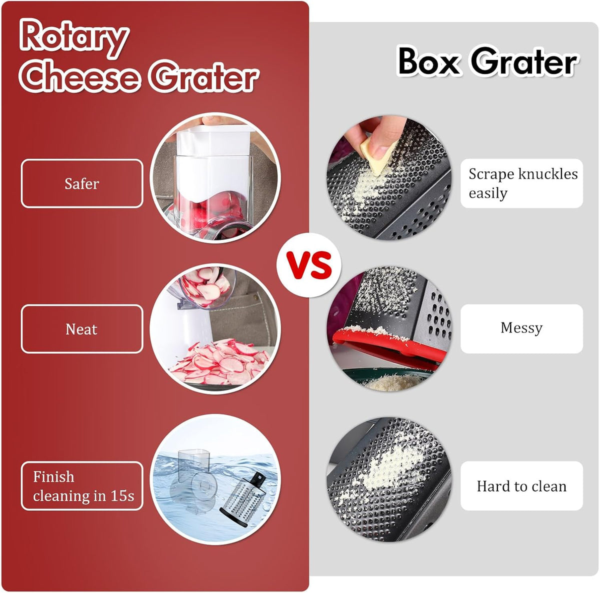 Rotary Cheese Grater Hand Crank, Kitchen Shredder Speed Mandolin Slicer Nuts Grinder with Handle and Drum Blades for Cheese, Vegetable, Walnuts, Chocolate, Potato, Carrot, 3 Blades, White