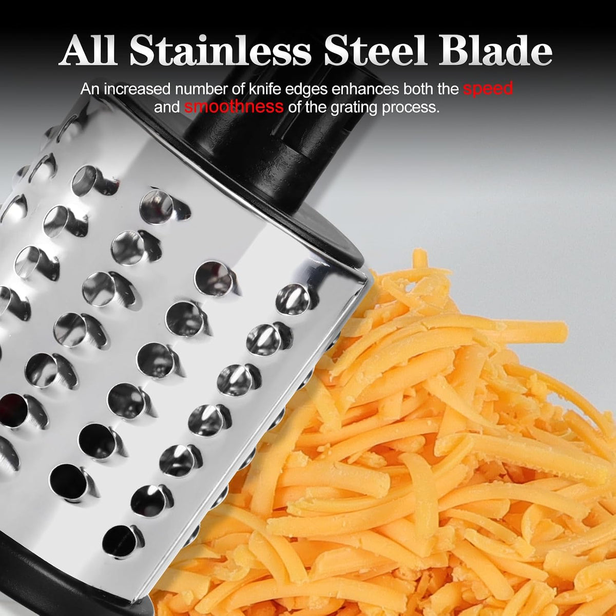 Rotary Cheese Grater Hand Crank, Kitchen Shredder Speed Mandolin Slicer Nuts Grinder with Handle and Drum Blades for Cheese, Vegetable, Walnuts, Chocolate, Potato, Carrot, 3 Blades, White