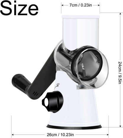 Rotary Cheese Grater Hand Crank, Kitchen Shredder Speed Mandolin Slicer Nuts Grinder with Handle and Drum Blades for Cheese, Vegetable, Walnuts, Chocolate, Potato, Carrot, 3 Blades, White