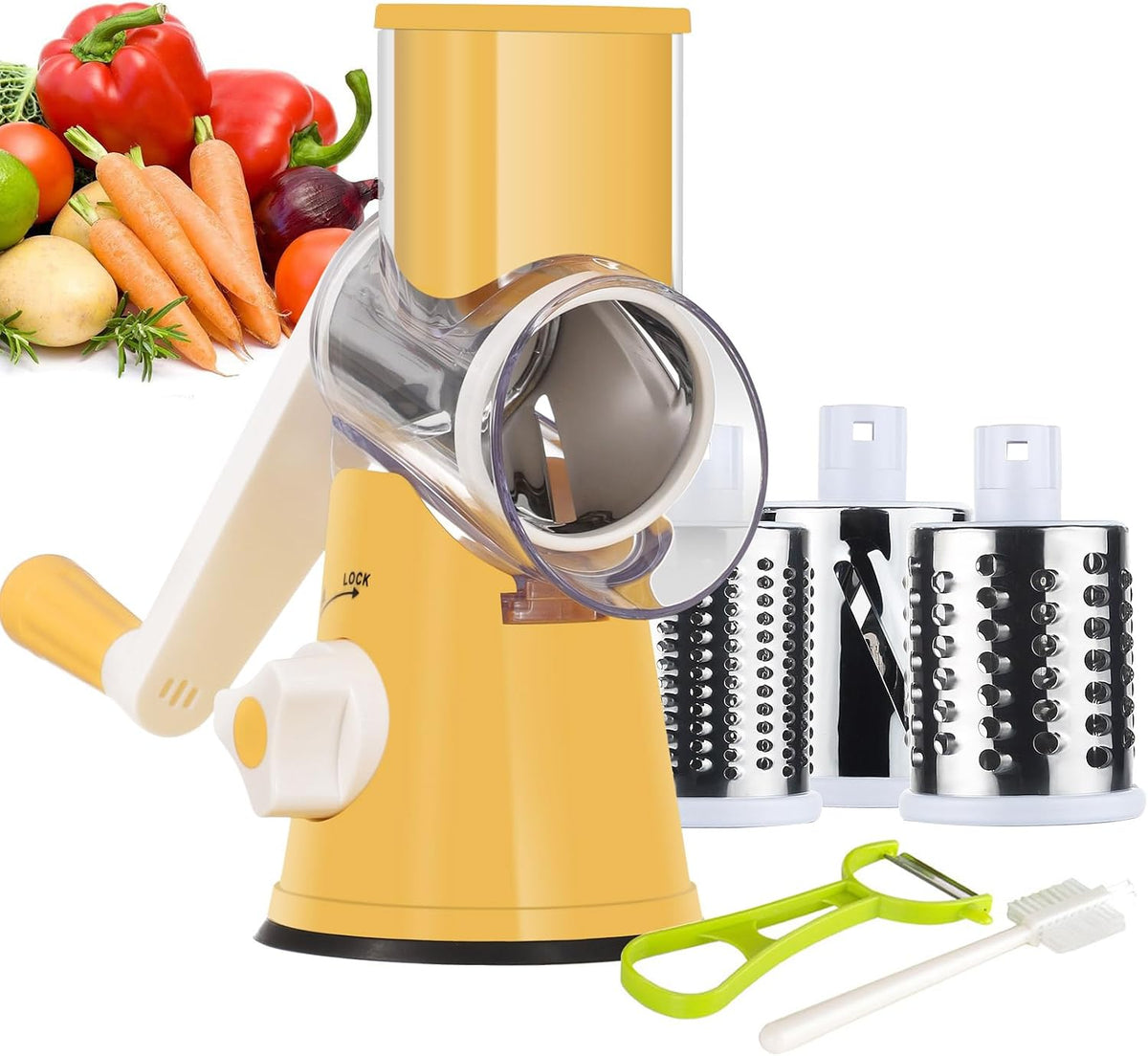 Rotary Cheese Grater Hand Crank, Kitchen Shredder Speed Mandolin Slicer Nuts Grinder with Handle and Drum Blades for Cheese, Vegetable, Walnuts, Chocolate, Potato, Carrot, 3 Blades, White