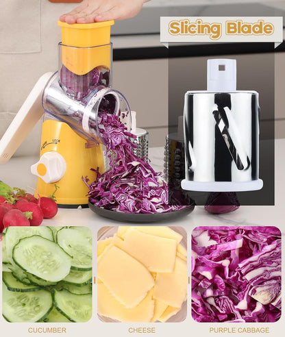 Rotary Cheese Grater Hand Crank, Kitchen Shredder Speed Mandolin Slicer Nuts Grinder with Handle and Drum Blades for Cheese, Vegetable, Walnuts, Chocolate, Potato, Carrot, 3 Blades, White