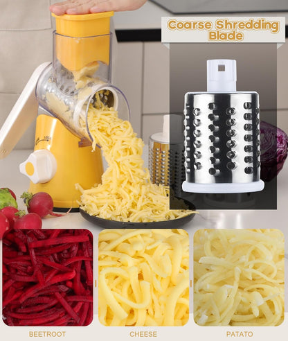 Rotary Cheese Grater Hand Crank, Kitchen Shredder Speed Mandolin Slicer Nuts Grinder with Handle and Drum Blades for Cheese, Vegetable, Walnuts, Chocolate, Potato, Carrot, 3 Blades, White