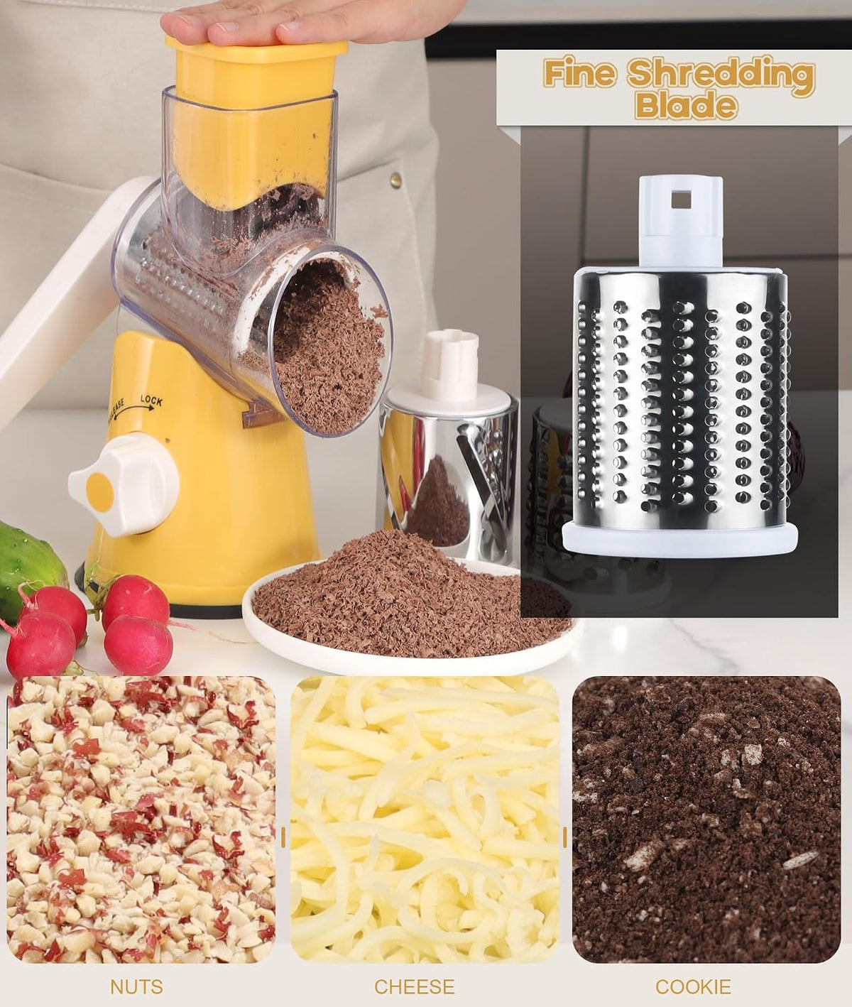 Rotary Cheese Grater Hand Crank, Kitchen Shredder Speed Mandolin Slicer Nuts Grinder with Handle and Drum Blades for Cheese, Vegetable, Walnuts, Chocolate, Potato, Carrot, 3 Blades, White