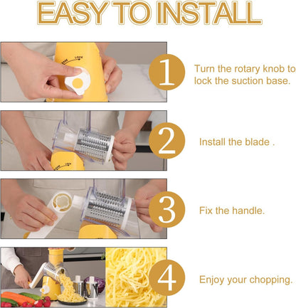 Rotary Cheese Grater Hand Crank, Kitchen Shredder Speed Mandolin Slicer Nuts Grinder with Handle and Drum Blades for Cheese, Vegetable, Walnuts, Chocolate, Potato, Carrot, 3 Blades, White
