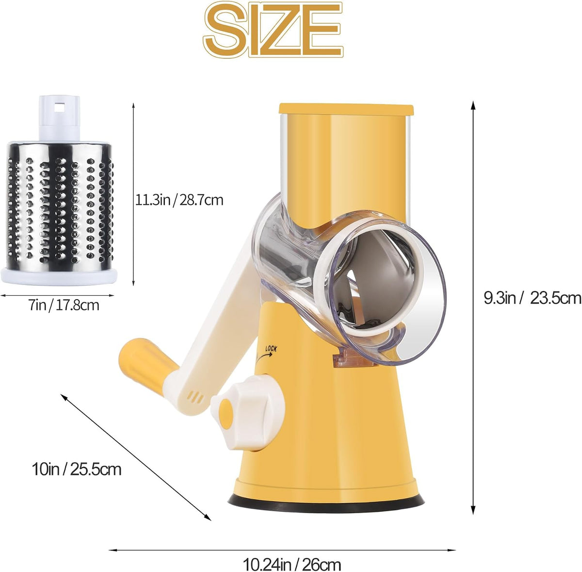 Rotary Cheese Grater Hand Crank, Kitchen Shredder Speed Mandolin Slicer Nuts Grinder with Handle and Drum Blades for Cheese, Vegetable, Walnuts, Chocolate, Potato, Carrot, 3 Blades, White