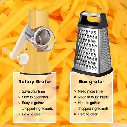 Rotary Cheese Grater Hand Crank, Kitchen Shredder Speed Mandolin Slicer Nuts Grinder with Handle and Drum Blades for Cheese, Vegetable, Walnuts, Chocolate, Potato, Carrot, 3 Blades, White