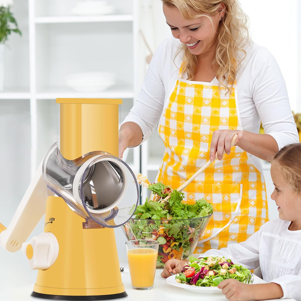 Rotary Cheese Grater Hand Crank, Kitchen Shredder Speed Mandolin Slicer Nuts Grinder with Handle and Drum Blades for Cheese, Vegetable, Walnuts, Chocolate, Potato, Carrot, 3 Blades, White
