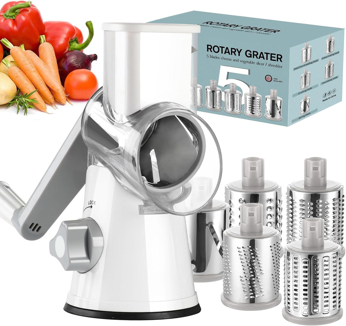 Rotary Cheese Grater Hand Crank, Kitchen Shredder Speed Mandolin Slicer Nuts Grinder with Handle and Drum Blades for Cheese, Vegetable, Walnuts, Chocolate, Potato, Carrot, 3 Blades, White