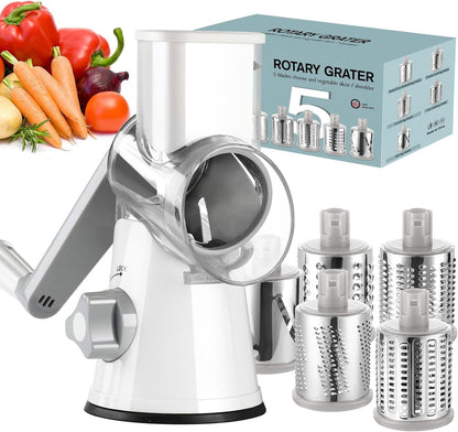 Rotary Cheese Grater Hand Crank, Kitchen Shredder Speed Mandolin Slicer Nuts Grinder with Handle and Drum Blades for Cheese, Vegetable, Walnuts, Chocolate, Potato, Carrot, 3 Blades, White