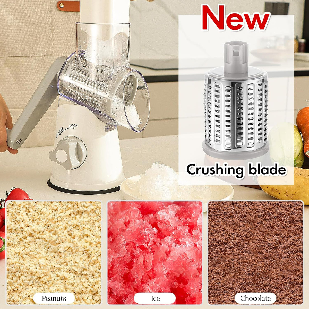 Rotary Cheese Grater Hand Crank, Kitchen Shredder Speed Mandolin Slicer Nuts Grinder with Handle and Drum Blades for Cheese, Vegetable, Walnuts, Chocolate, Potato, Carrot, 3 Blades, White