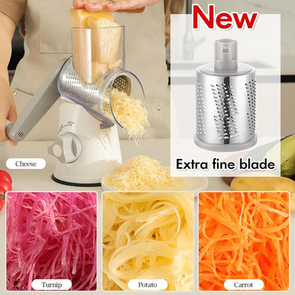 Rotary Cheese Grater Hand Crank, Kitchen Shredder Speed Mandolin Slicer Nuts Grinder with Handle and Drum Blades for Cheese, Vegetable, Walnuts, Chocolate, Potato, Carrot, 3 Blades, White