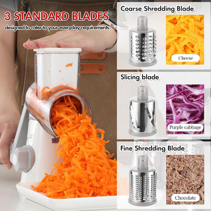 Rotary Cheese Grater Hand Crank, Kitchen Shredder Speed Mandolin Slicer Nuts Grinder with Handle and Drum Blades for Cheese, Vegetable, Walnuts, Chocolate, Potato, Carrot, 3 Blades, White