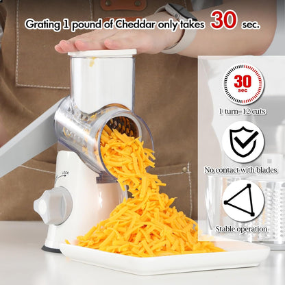 Rotary Cheese Grater Hand Crank, Kitchen Shredder Speed Mandolin Slicer Nuts Grinder with Handle and Drum Blades for Cheese, Vegetable, Walnuts, Chocolate, Potato, Carrot, 3 Blades, White