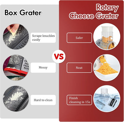 Rotary Cheese Grater Hand Crank, Kitchen Shredder Speed Mandolin Slicer Nuts Grinder with Handle and Drum Blades for Cheese, Vegetable, Walnuts, Chocolate, Potato, Carrot, 3 Blades, White