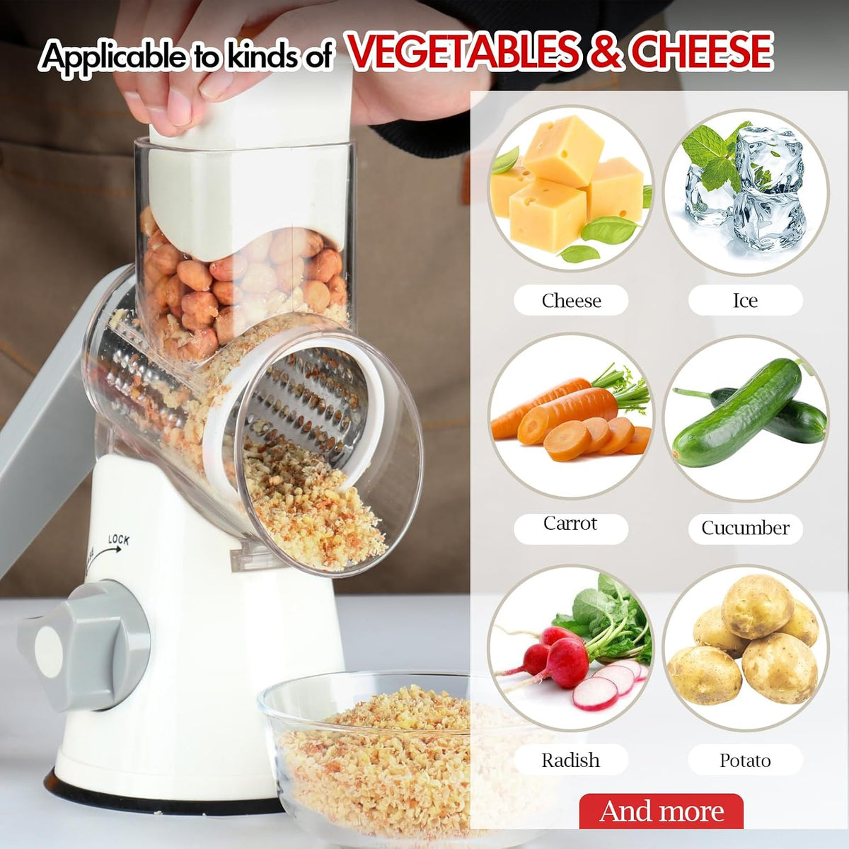 Rotary Cheese Grater Hand Crank, Kitchen Shredder Speed Mandolin Slicer Nuts Grinder with Handle and Drum Blades for Cheese, Vegetable, Walnuts, Chocolate, Potato, Carrot, 3 Blades, White
