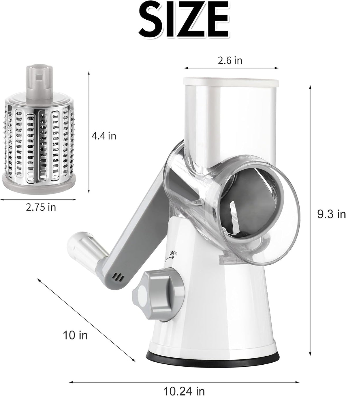 Rotary Cheese Grater Hand Crank, Kitchen Shredder Speed Mandolin Slicer Nuts Grinder with Handle and Drum Blades for Cheese, Vegetable, Walnuts, Chocolate, Potato, Carrot, 3 Blades, White