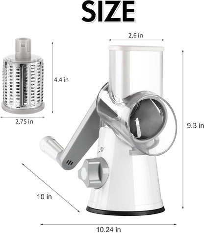 Rotary Cheese Grater Hand Crank, Kitchen Shredder Speed Mandolin Slicer Nuts Grinder with Handle and Drum Blades for Cheese, Vegetable, Walnuts, Chocolate, Potato, Carrot, 3 Blades, White