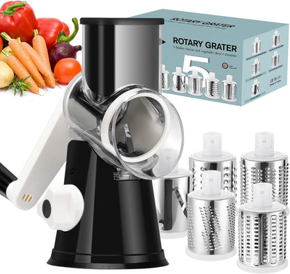 Rotary Cheese Grater Hand Crank, Kitchen Shredder Speed Mandolin Slicer Nuts Grinder with Handle and Drum Blades for Cheese, Vegetable, Walnuts, Chocolate, Potato, Carrot, 3 Blades, White