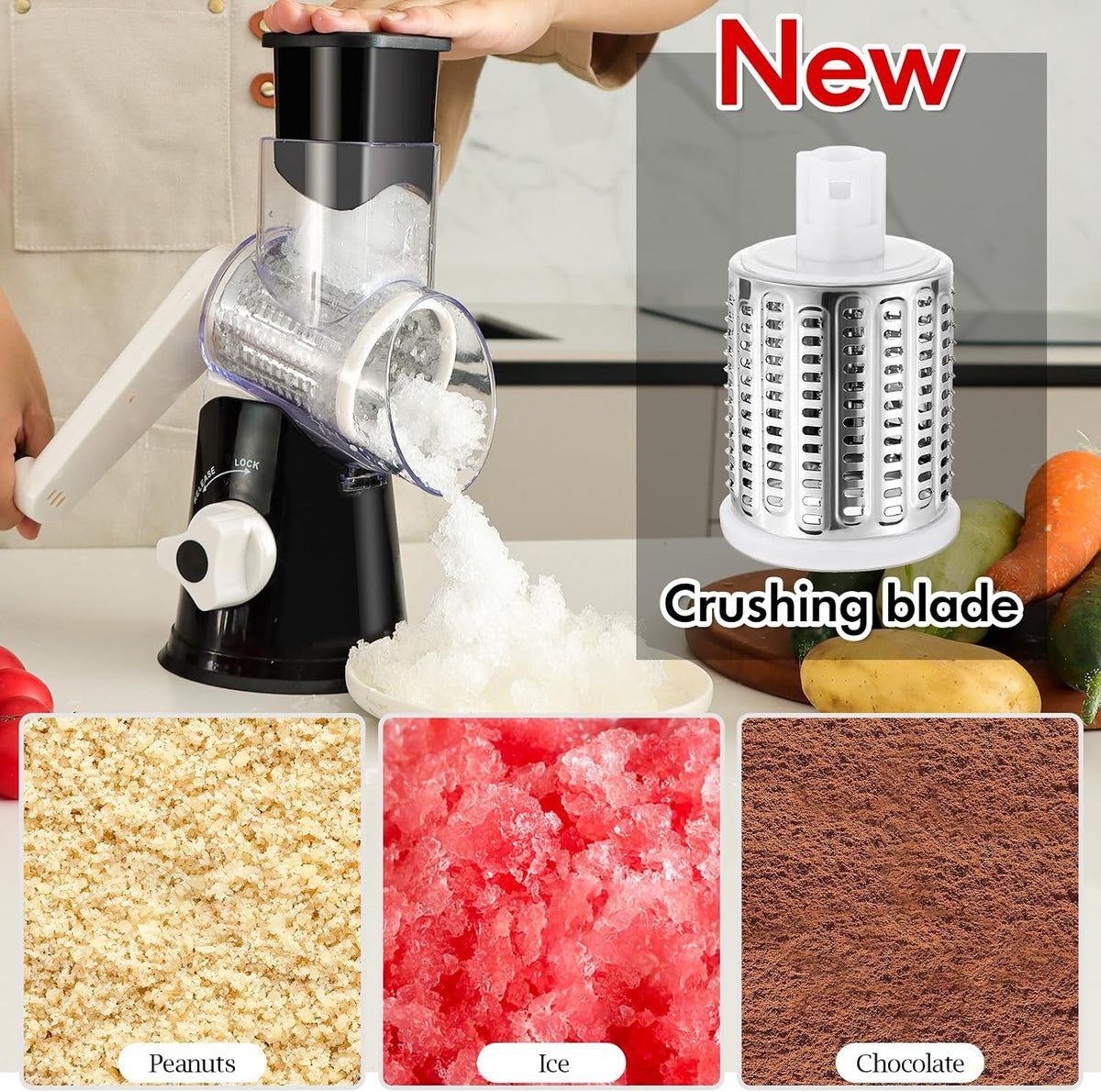 Rotary Cheese Grater Hand Crank, Kitchen Shredder Speed Mandolin Slicer Nuts Grinder with Handle and Drum Blades for Cheese, Vegetable, Walnuts, Chocolate, Potato, Carrot, 3 Blades, White