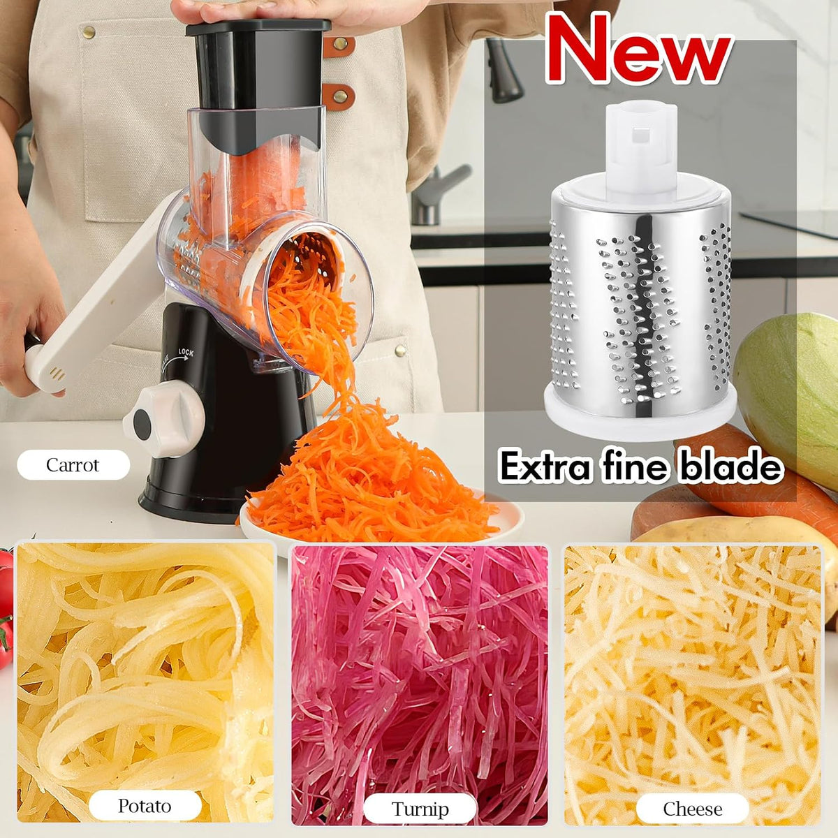 Rotary Cheese Grater Hand Crank, Kitchen Shredder Speed Mandolin Slicer Nuts Grinder with Handle and Drum Blades for Cheese, Vegetable, Walnuts, Chocolate, Potato, Carrot, 3 Blades, White