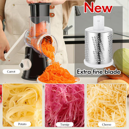 Rotary Cheese Grater Hand Crank, Kitchen Shredder Speed Mandolin Slicer Nuts Grinder with Handle and Drum Blades for Cheese, Vegetable, Walnuts, Chocolate, Potato, Carrot, 3 Blades, White