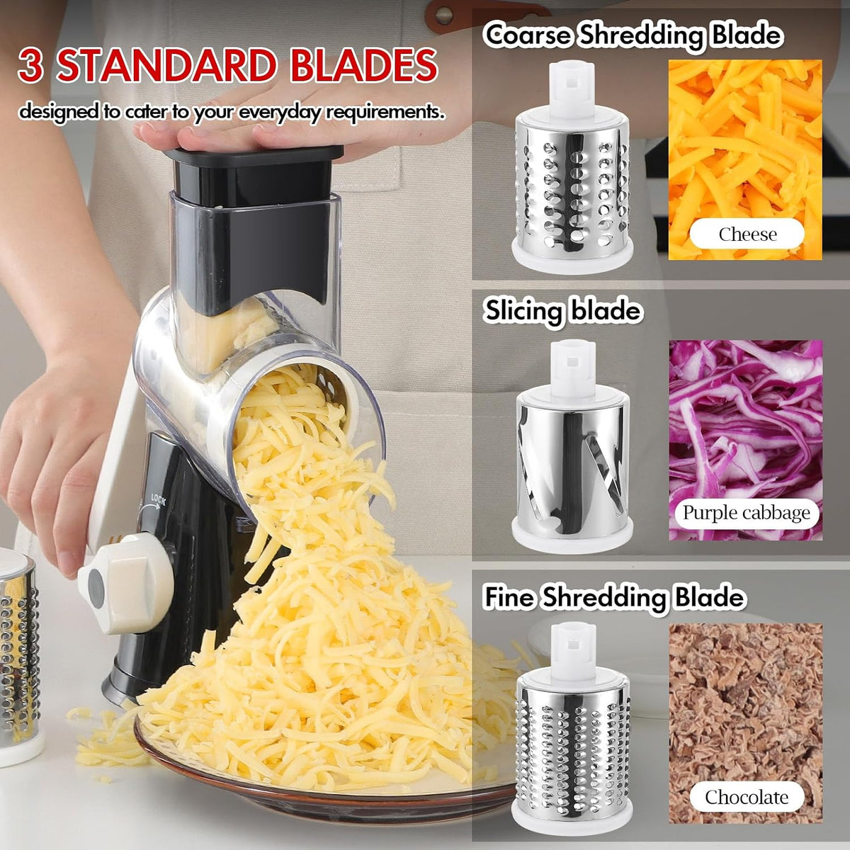 Rotary Cheese Grater Hand Crank, Kitchen Shredder Speed Mandolin Slicer Nuts Grinder with Handle and Drum Blades for Cheese, Vegetable, Walnuts, Chocolate, Potato, Carrot, 3 Blades, White