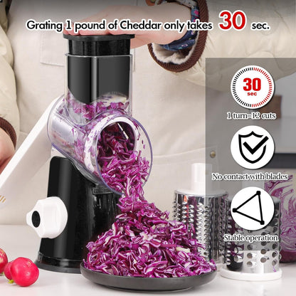 Rotary Cheese Grater Hand Crank, Kitchen Shredder Speed Mandolin Slicer Nuts Grinder with Handle and Drum Blades for Cheese, Vegetable, Walnuts, Chocolate, Potato, Carrot, 3 Blades, White