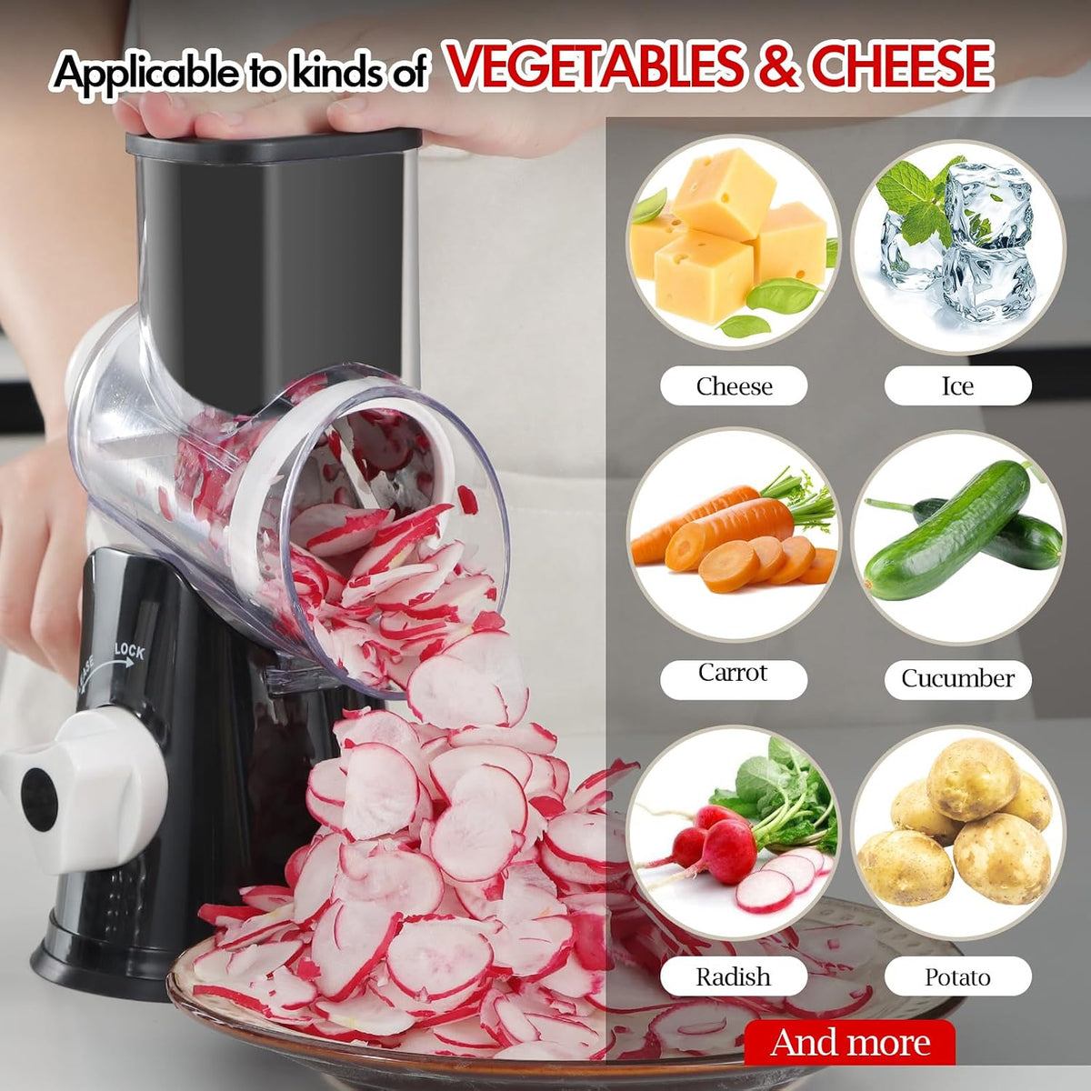 Rotary Cheese Grater Hand Crank, Kitchen Shredder Speed Mandolin Slicer Nuts Grinder with Handle and Drum Blades for Cheese, Vegetable, Walnuts, Chocolate, Potato, Carrot, 3 Blades, White