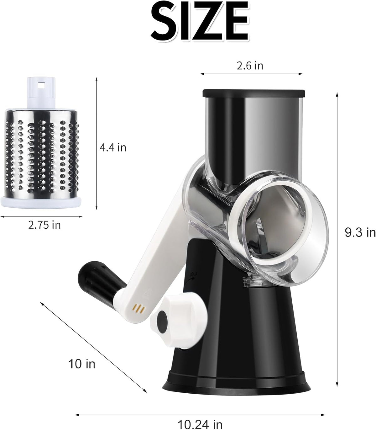 Rotary Cheese Grater Hand Crank, Kitchen Shredder Speed Mandolin Slicer Nuts Grinder with Handle and Drum Blades for Cheese, Vegetable, Walnuts, Chocolate, Potato, Carrot, 3 Blades, White