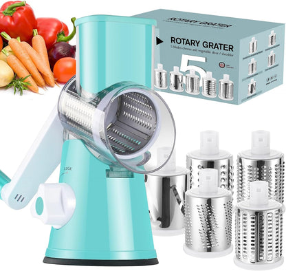 Rotary Cheese Grater Hand Crank, Kitchen Shredder Speed Mandolin Slicer Nuts Grinder with Handle and Drum Blades for Cheese, Vegetable, Walnuts, Chocolate, Potato, Carrot, 3 Blades, White