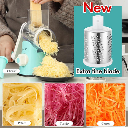 Rotary Cheese Grater Hand Crank, Kitchen Shredder Speed Mandolin Slicer Nuts Grinder with Handle and Drum Blades for Cheese, Vegetable, Walnuts, Chocolate, Potato, Carrot, 3 Blades, White