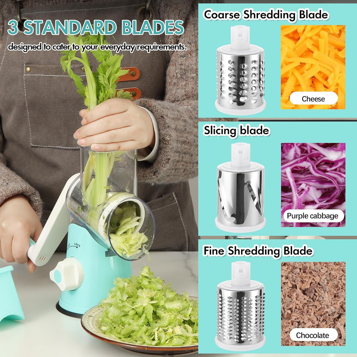 Rotary Cheese Grater Hand Crank, Kitchen Shredder Speed Mandolin Slicer Nuts Grinder with Handle and Drum Blades for Cheese, Vegetable, Walnuts, Chocolate, Potato, Carrot, 3 Blades, White