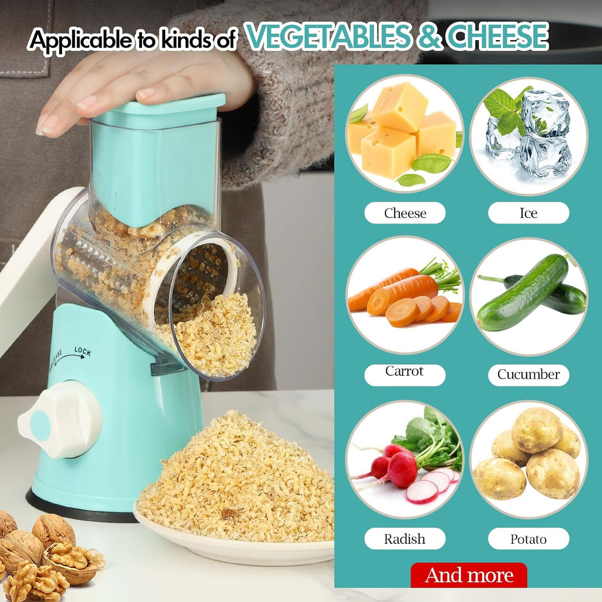 Rotary Cheese Grater Hand Crank, Kitchen Shredder Speed Mandolin Slicer Nuts Grinder with Handle and Drum Blades for Cheese, Vegetable, Walnuts, Chocolate, Potato, Carrot, 3 Blades, White