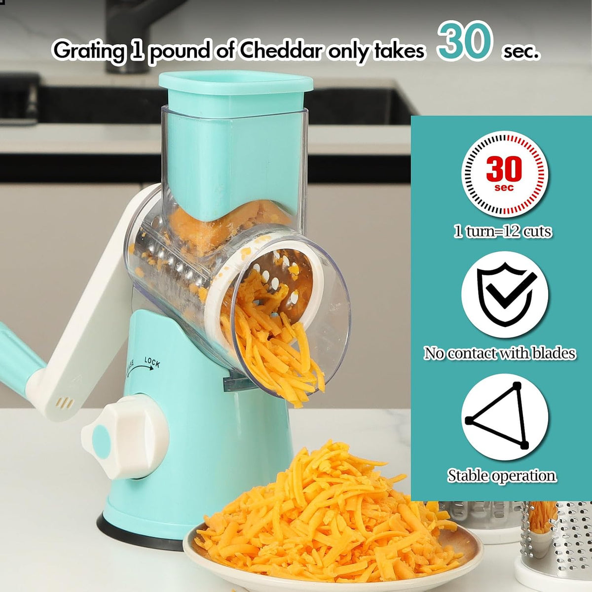 Rotary Cheese Grater Hand Crank, Kitchen Shredder Speed Mandolin Slicer Nuts Grinder with Handle and Drum Blades for Cheese, Vegetable, Walnuts, Chocolate, Potato, Carrot, 3 Blades, White