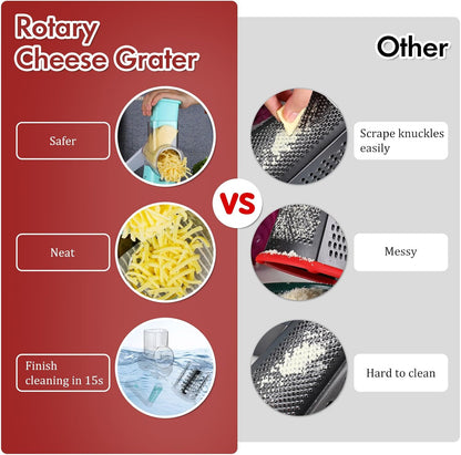 Rotary Cheese Grater Hand Crank, Kitchen Shredder Speed Mandolin Slicer Nuts Grinder with Handle and Drum Blades for Cheese, Vegetable, Walnuts, Chocolate, Potato, Carrot, 3 Blades, White