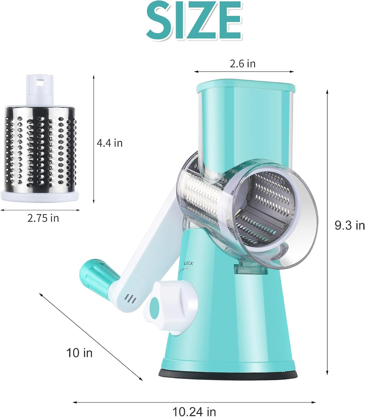 Rotary Cheese Grater Hand Crank, Kitchen Shredder Speed Mandolin Slicer Nuts Grinder with Handle and Drum Blades for Cheese, Vegetable, Walnuts, Chocolate, Potato, Carrot, 3 Blades, White