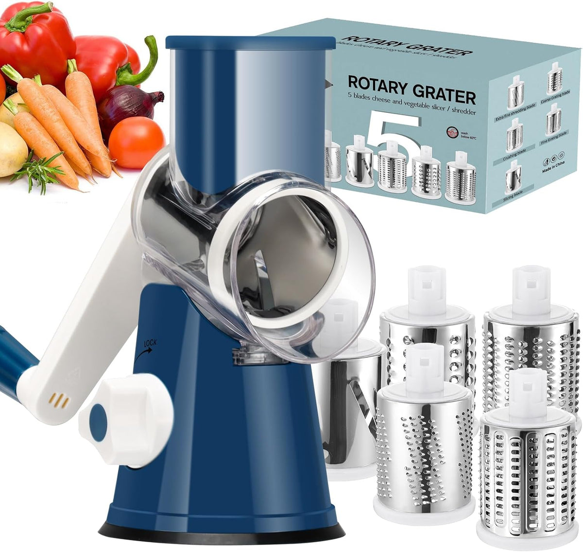 Rotary Cheese Grater Hand Crank, Kitchen Shredder Speed Mandolin Slicer Nuts Grinder with Handle and Drum Blades for Cheese, Vegetable, Walnuts, Chocolate, Potato, Carrot, 3 Blades, White