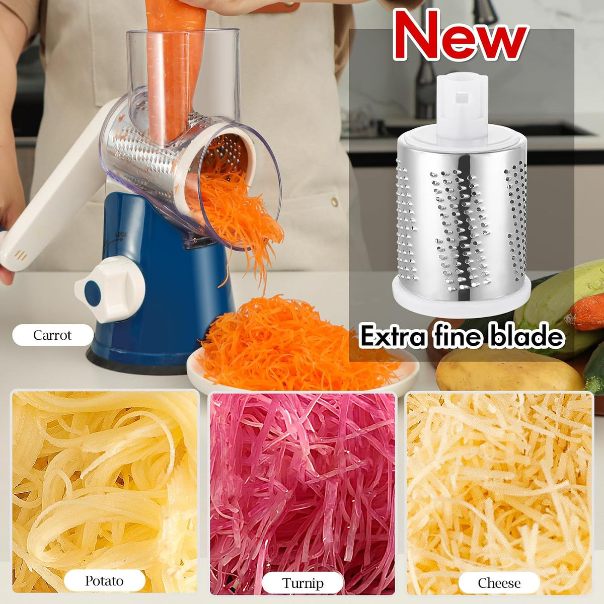 Rotary Cheese Grater Hand Crank, Kitchen Shredder Speed Mandolin Slicer Nuts Grinder with Handle and Drum Blades for Cheese, Vegetable, Walnuts, Chocolate, Potato, Carrot, 3 Blades, White