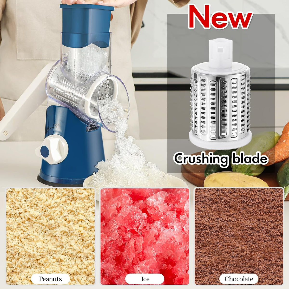 Rotary Cheese Grater Hand Crank, Kitchen Shredder Speed Mandolin Slicer Nuts Grinder with Handle and Drum Blades for Cheese, Vegetable, Walnuts, Chocolate, Potato, Carrot, 3 Blades, White