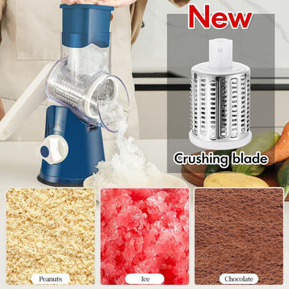 Rotary Cheese Grater Hand Crank, Kitchen Shredder Speed Mandolin Slicer Nuts Grinder with Handle and Drum Blades for Cheese, Vegetable, Walnuts, Chocolate, Potato, Carrot, 3 Blades, White