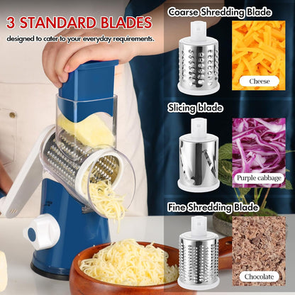 Rotary Cheese Grater Hand Crank, Kitchen Shredder Speed Mandolin Slicer Nuts Grinder with Handle and Drum Blades for Cheese, Vegetable, Walnuts, Chocolate, Potato, Carrot, 3 Blades, White