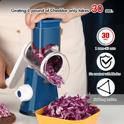 Rotary Cheese Grater Hand Crank, Kitchen Shredder Speed Mandolin Slicer Nuts Grinder with Handle and Drum Blades for Cheese, Vegetable, Walnuts, Chocolate, Potato, Carrot, 3 Blades, White