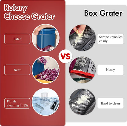 Rotary Cheese Grater Hand Crank, Kitchen Shredder Speed Mandolin Slicer Nuts Grinder with Handle and Drum Blades for Cheese, Vegetable, Walnuts, Chocolate, Potato, Carrot, 3 Blades, White
