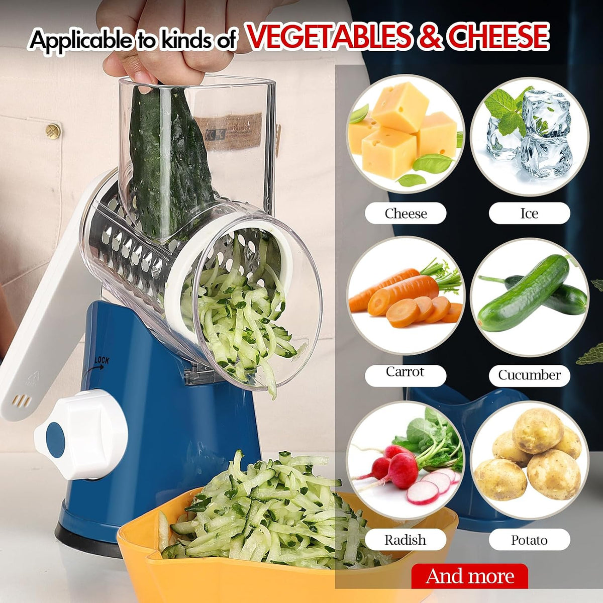 Rotary Cheese Grater Hand Crank, Kitchen Shredder Speed Mandolin Slicer Nuts Grinder with Handle and Drum Blades for Cheese, Vegetable, Walnuts, Chocolate, Potato, Carrot, 3 Blades, White