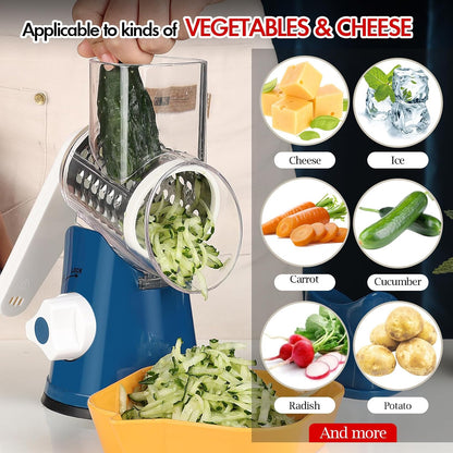Rotary Cheese Grater Hand Crank, Kitchen Shredder Speed Mandolin Slicer Nuts Grinder with Handle and Drum Blades for Cheese, Vegetable, Walnuts, Chocolate, Potato, Carrot, 3 Blades, White