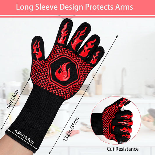 BBQ Gloves 1472F Heat Resistant Non-Slip Silicone 13.8in (Red) | Grill Cut-Resistant, Oven Kitchen Safe for Barbecue, Cooking, Frying, Oven Mitts