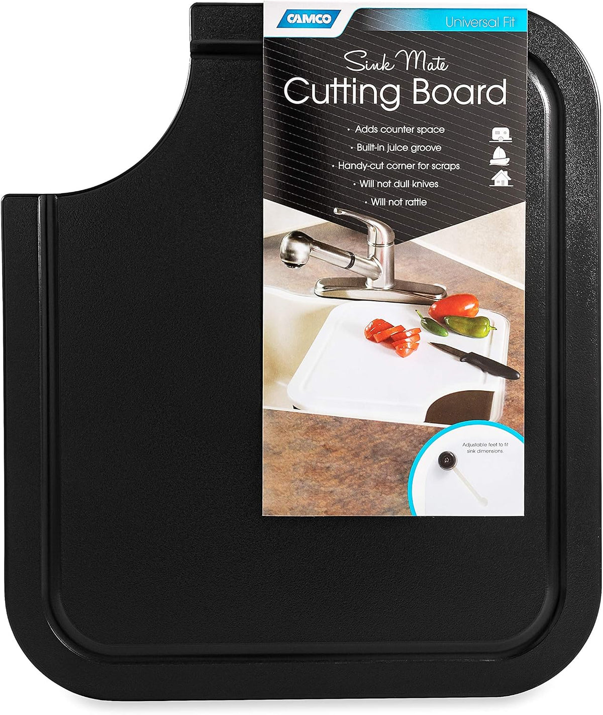 RV/Marine Sink Mate 12½-Inches x 14 ½-Inches Cutting Board - Fits Securely Over Your RV or Boat's Kitchen Sink - Ideal for Cleaning, Carving and Chopping - Black (43858)