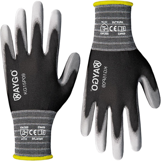 Ultra Thin PU Coated Work Gloves, Nylon Knit, KG15P, 12 Pairs | High Dexterity, Anti-Slip, Breathable & Lightweight, For Precision Handling, Warehouse, Diy, Auto Repair & Electronics