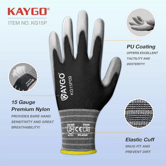 Ultra Thin PU Coated Work Gloves, Nylon Knit, KG15P, 12 Pairs | High Dexterity, Anti-Slip, Breathable & Lightweight, For Precision Handling, Warehouse, Diy, Auto Repair & Electronics