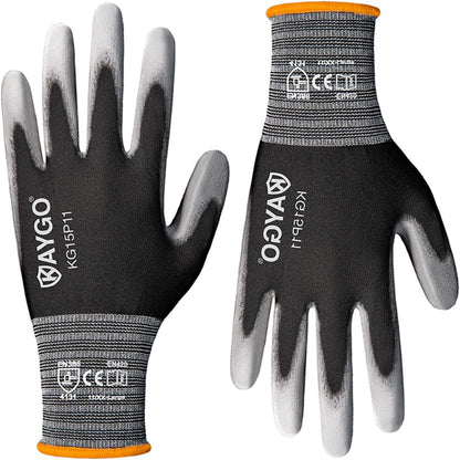 Ultra Thin PU Coated Work Gloves, Nylon Knit, KG15P, 12 Pairs | High Dexterity, Anti-Slip, Breathable & Lightweight, For Precision Handling, Warehouse, Diy, Auto Repair & Electronics